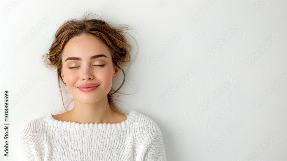 Young woman with closed eyes, serene expression, light background. Perfect for relaxation and mindfulness themes. Young woman with closed eyes, serene expression, light background. Perfect for relaxation and mindfulness themes.