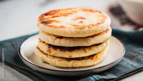 Stack of fresh Colombian arepas. Tasty flatbread. Delicious snack.