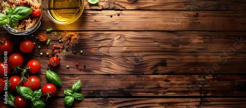 Macaroni with Cherry Tomatoes and Spices on a Wooden Surface