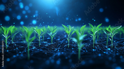 A field of young plants is shown, representing agriculture. The background is a dark blue with a glowing, geometric design.low poly wireframe.