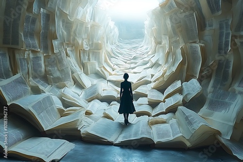 A woman walks into a tunnel made of books, seeking knowledge and enlightenment.