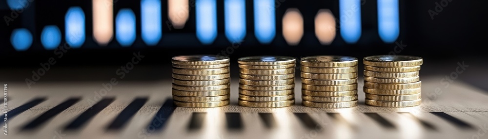 Stacks of coins on a wooden surface with a blurred financial chart background, symbolizing investment, savings, and wealth accumulation. Stacks of coins on a wooden surface with a blurred financial chart background, symbolizing investment, savings, and wealth accumulation.