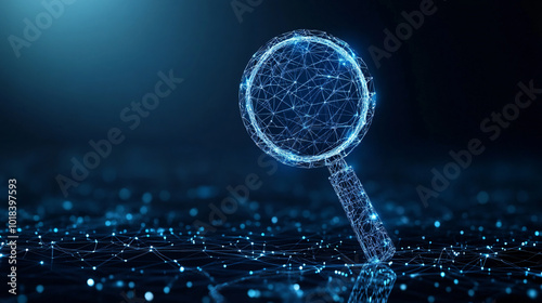 Abstract technology polygonal blue glowing lines and dots magnifying glass, with connect triangle network lines data, on a dark blue background, business concept