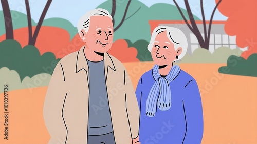 Happy Senior Couple Walking Together in a Colorful Autumn Park