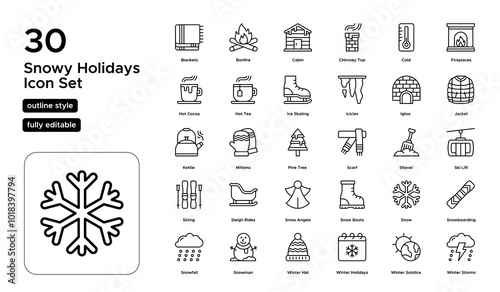 Snowy Holidays Line Icon Set: Snowmen, Skiing, Warm Drinks, and Outdoor Winter Activities Icons
