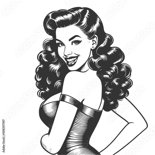 pin-up girl smiling confidently, voluminous curly hair and a glamorous sketch engraving generative ai fictional character vector illustration. Scratch board imitation. Black and white image.