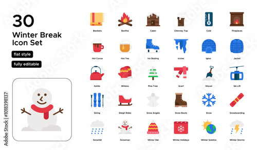 Winter Break Flat Icon Set: Vacation Time, Family Gatherings, and Holiday Relaxation Icons

