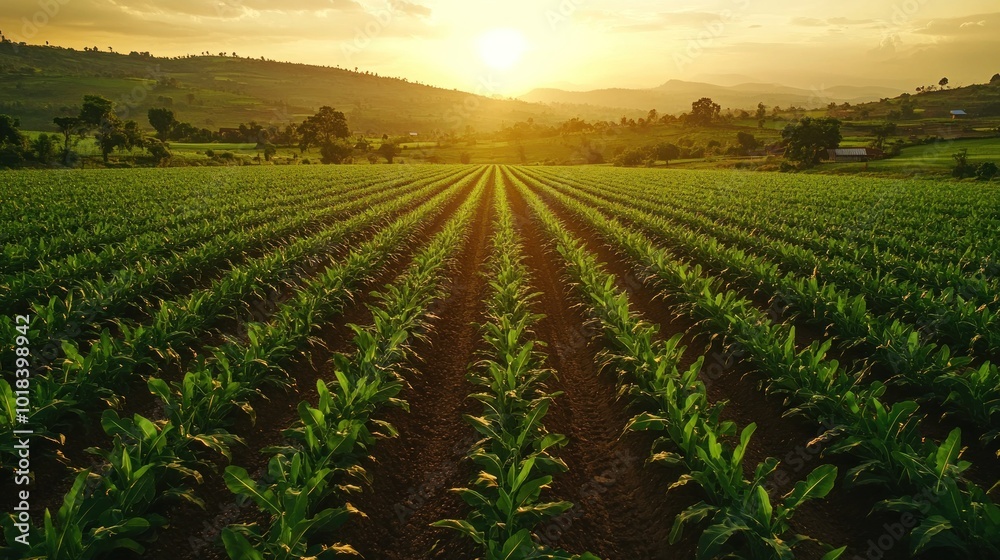 A scenic view of a lush green field of crops at sunset. The sun casts a warm glow over the rows of plants, creating a sense of peace and tranquility. A scenic view of a lush green field of crops at sunset. The sun casts a warm glow over the rows of plants, creating a sense of peace and tranquility.