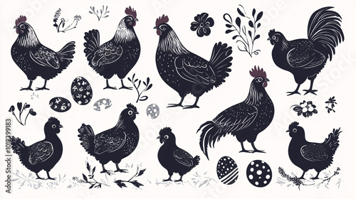Collection of poultry silhouettes including hens, roosters, and chicks with Easter eggs, ideal for a clean and simple clipart design