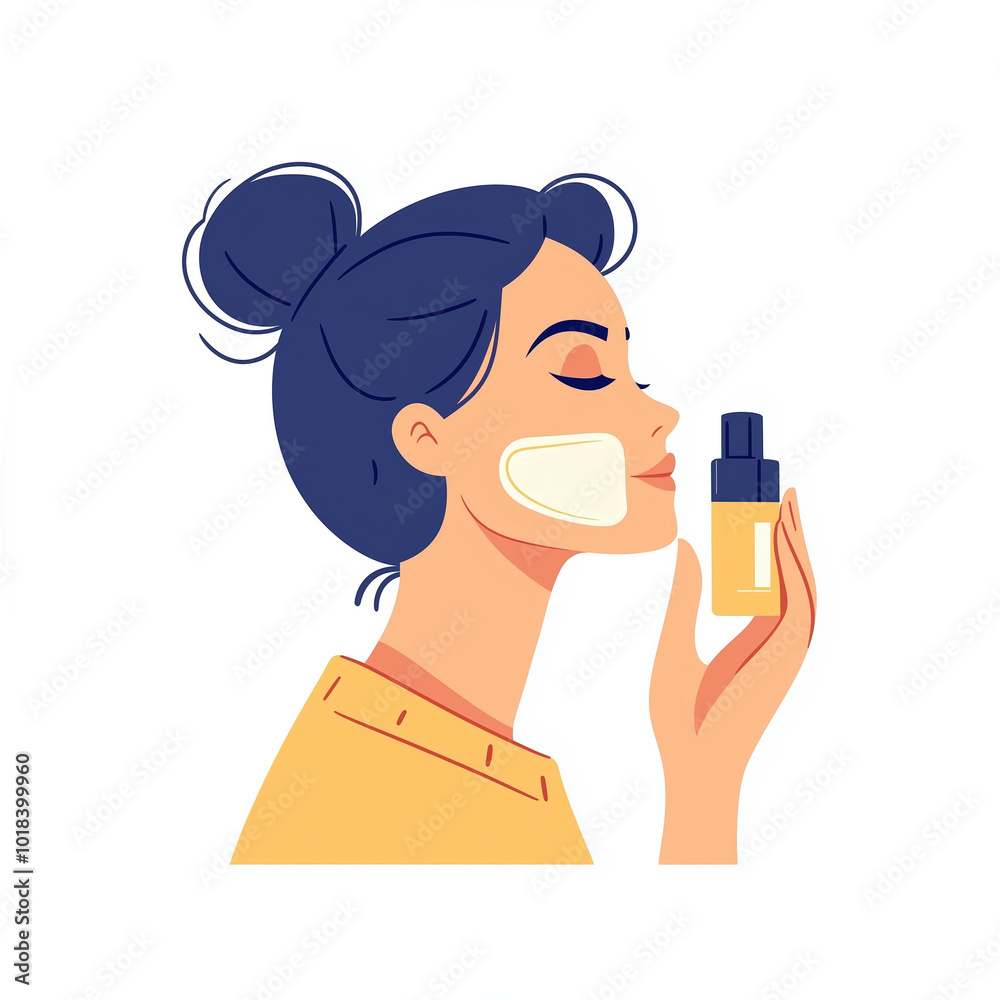 Young Girl Applies Cosmetic Product To Face, Holding Bottle Of Cream And Serum. Beauty Procedure With Cosmetic Packaging, Mask, And Retinol Serum. Young Girl Applies Cosmetic Product To Face, Holding Bottle Of Cream And Serum. Beauty Procedure With Cosmetic Packaging, Mask, And Retinol Serum.