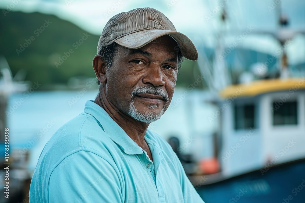 Portrait of a Man Wearing a Light Blue Shirt and a Baseball Cap