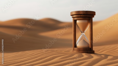 Hourglass in Desert Serenity, a small hourglass rests in tranquil sand dunes, soft curves under a bright sky, evoking simplicity and timelessness