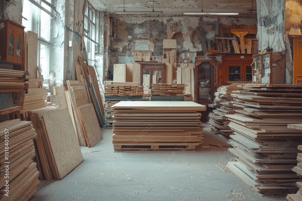 Stacked Wood Panels in a Rundown Workshop Stacked Wood Panels in a Rundown Workshop