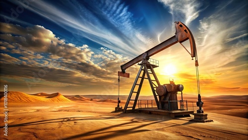 Oil rig extracting crude oil in desert background with tilted angle