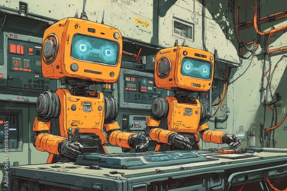 Two retro robots work at a computer console in a futuristic industrial setting.
