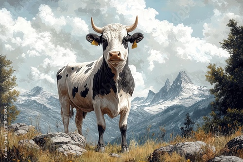 illustration of two majestic alpine cows rendered in fine detail with a vintage engraving style capturing the essence of pastoral life in the mountains