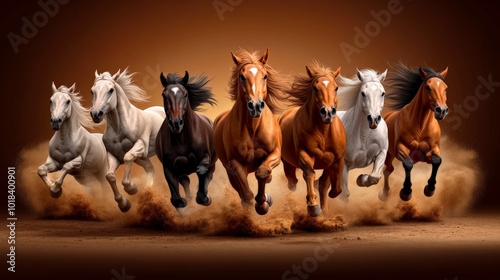 Wild Horse Run: A breathtaking image of seven majestic horses galloping across a dusty landscape, their manes and tails flowing in the wind.  A powerful symbol of freedom and untamed beauty.  photo