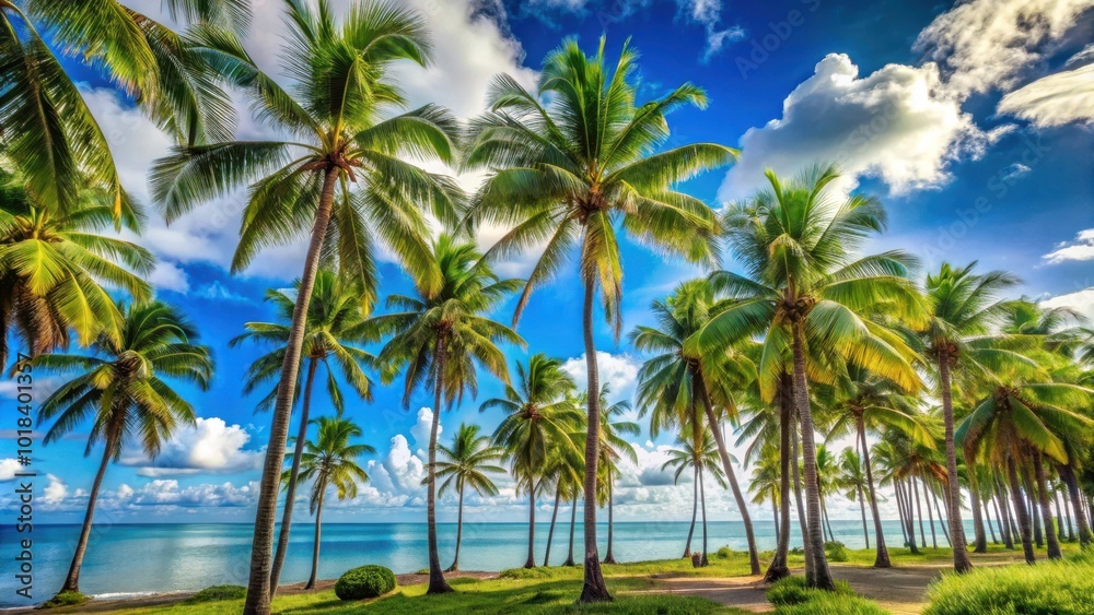 A row of palm trees stand tall against a breathtaking azure sky, their lush green fronds reaching towards the sun, framing a vibrant blue ocean, a tranquil scene of tropical paradise. A row of palm trees stand tall against a breathtaking azure sky, their lush green fronds reaching towards the sun, framing a vibrant blue ocean, a tranquil scene of tropical paradise.