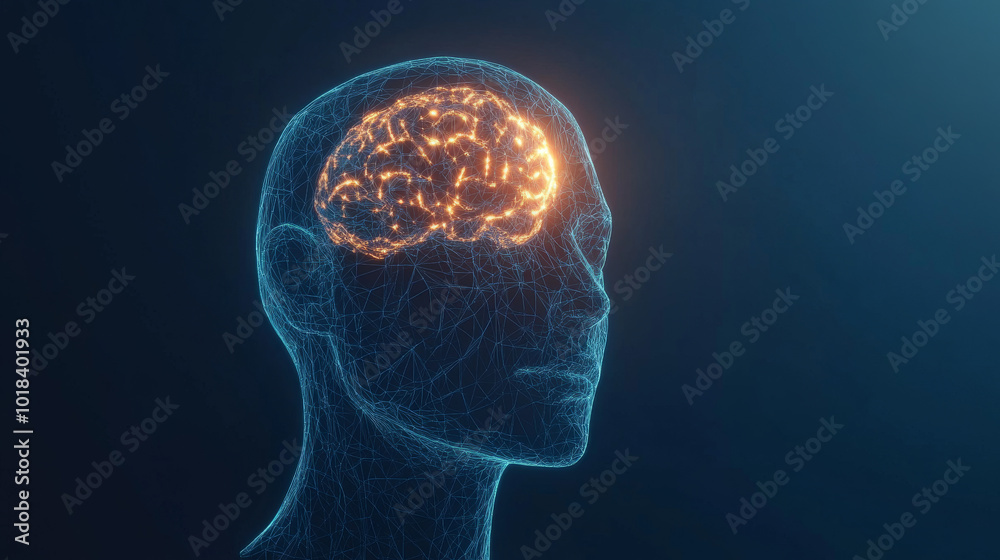 A glowing, 3D human head and brain, made up of simple shapes, stands out against a dark blue background. It represents artificial intelligence and how our minds work.low poly wireframe. A glowing, 3D human head and brain, made up of simple shapes, stands out against a dark blue background. It represents artificial intelligence and how our minds work.low poly wireframe.