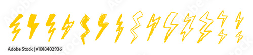 Set of lightning by wax pencil drawing. Collection of handdrawing chalk , light flash signs, Doodle thunder bolts, golden color design elements. Graffiti style weather symbols. Vector illustration.