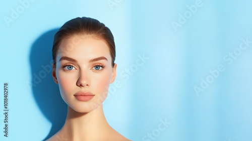 Skin care and beauty clinic wallpaper. A beautiful female model front of blue background.