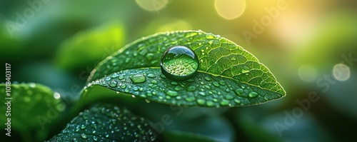 Close-up of leaf with water droplets and sunlight. photo