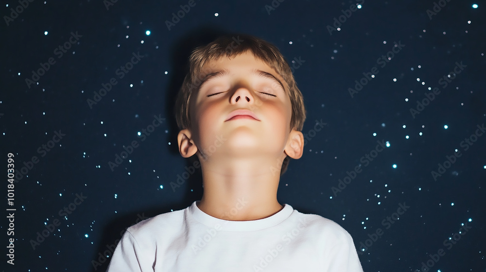 Dream wallpaper, portrait of a young boy front of wall full of stars. Dream wallpaper, portrait of a young boy front of wall full of stars.