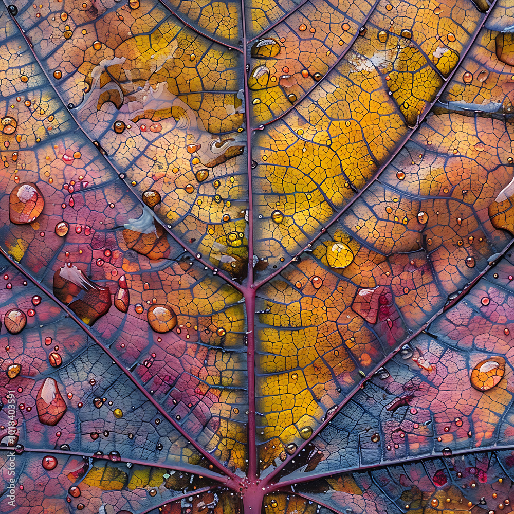 Obraz premium A macro shot of an autumn leaf infected with a fungal disease, intricate spores covering the surface, decay spreading in a symmetrical pattern.