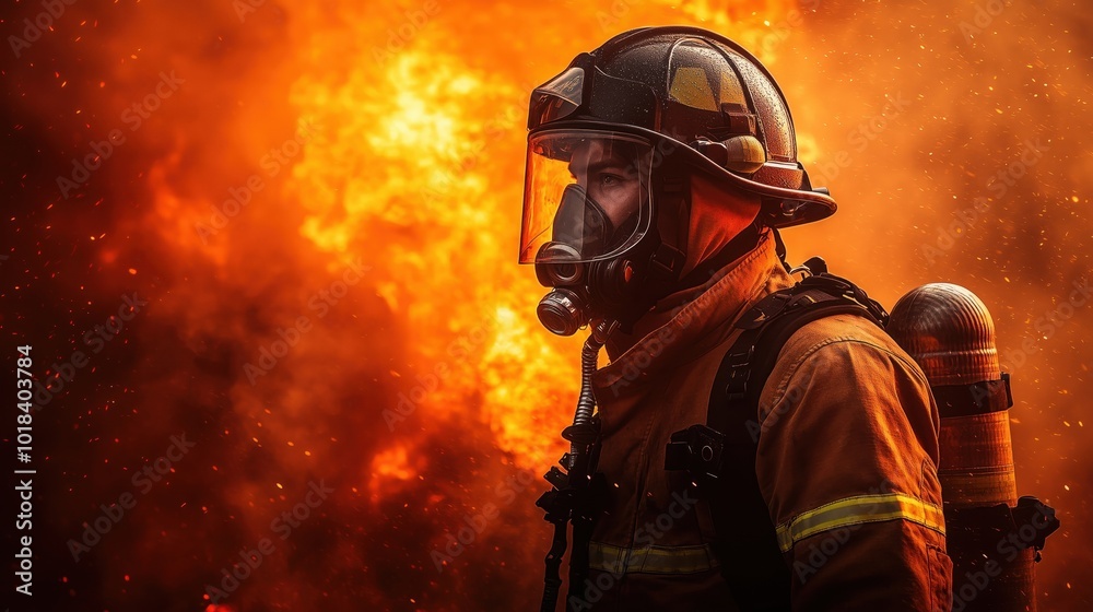 Firefighter in action with intense flames in the background Firefighter in action with intense flames in the background