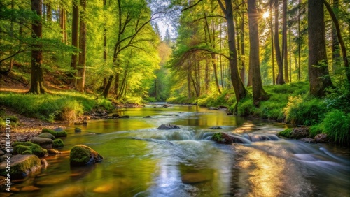 A tranquil stream meanders through a lush forest, bathed in the warm glow of the morning sun, creating a serene and picturesque scene.