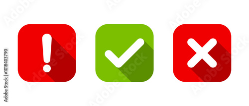 Exclamation mark, tick, and cross icon on square background. Warning, checkmark, and x symbol with long shadow