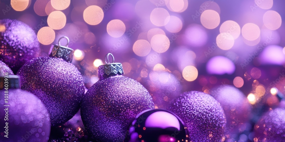 A purple Christmas background with glittery ornaments and bokeh lights, creating an enchanting atmosphere for holiday celebrations. A purple Christmas background with glittery ornaments and bokeh lights, creating an enchanting atmosphere for holiday celebrations.