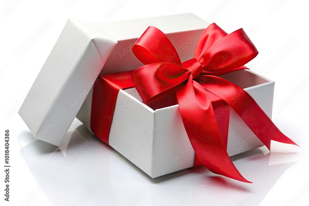 Open white gift box tied with red ribbon isolated on white background at a tilted angle Open white gift box tied with red ribbon isolated on white background at a tilted angle