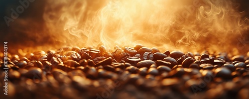 Roasted coffee beans with steam rising, warm lighting.