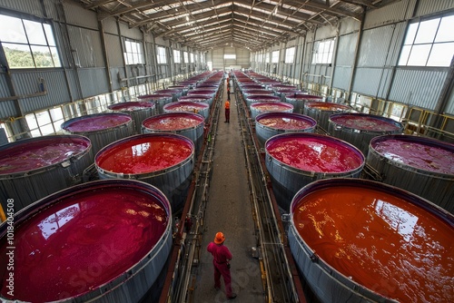 Industrial Factory with Rows of Large Tanks Filled with Red Liquid photo