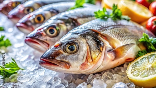 fresh fish on ice in a restaurant shallow depth of field Macro