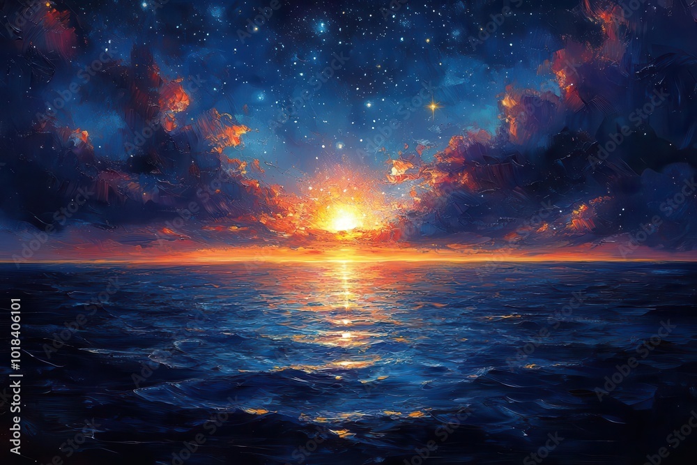 impasto painting of a starry sky over a vast ocean rich in texture and depth capturing the ethereal beauty and mystique of celestial bodies reflecting in water impasto painting of a starry sky over a vast ocean rich in texture and depth capturing the ethereal beauty and mystique of celestial bodies reflecting in water