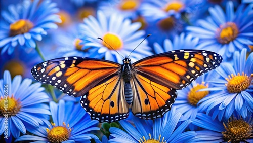 Orange, black, and white Monarch Butterfly with open wings on blue daisies from a low angle photo