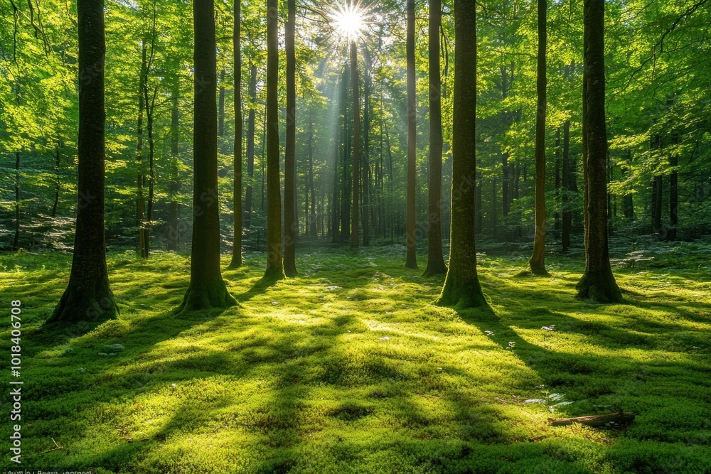 Fototapeta premium Sunlight streams through the canopy of a lush green forest, illuminating the mossy forest floor.
