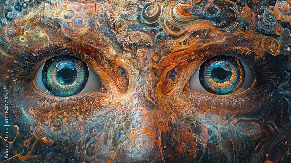 Close up of a pair of blue eyes surrounded by colorful abstract swirls.