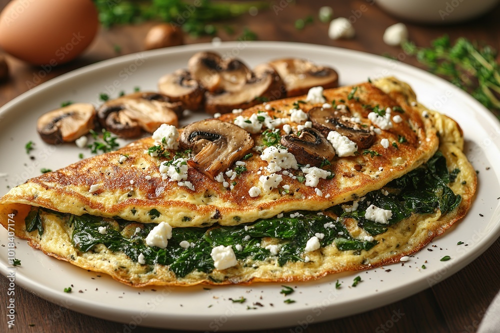 Fresh homemade omelette with mushrooms, feta cheese and herbs. A healthy protein breakfast with mushrooms and spinach Fresh homemade omelette with mushrooms, feta cheese and herbs. A healthy protein breakfast with mushrooms and spinach