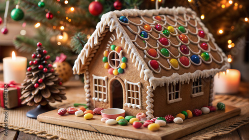 Photorealistic close-up of a gingerbread house decorated with colorful candies and frosting