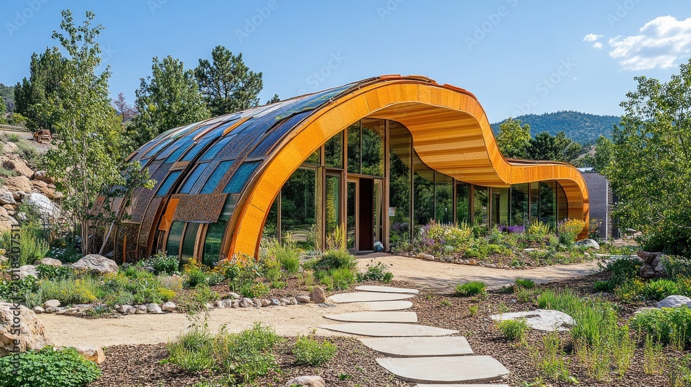 Fototapeta premium A modern, curved building with a wooden exterior and glass windows, surrounded by a garden with stone paths and lush greenery.
