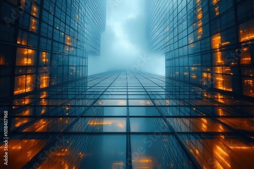 imposing lowangle view of sleek glassclad skyscrapers piercing a dramatic sky symbolizing urban power and financial might photo