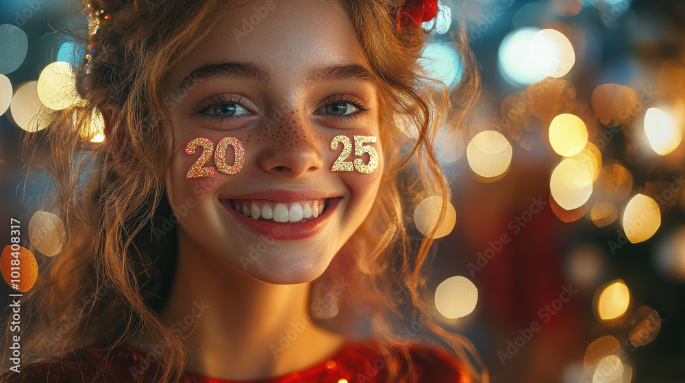 cheerful smiling curly girl with number 2025 on cheeks on new year party background, christmas, makeup, holiday, celebration, joyful child, xmas cheerful smiling curly girl with number 2025 on cheeks on new year party background, christmas, makeup, holiday, celebration, joyful child, xmas