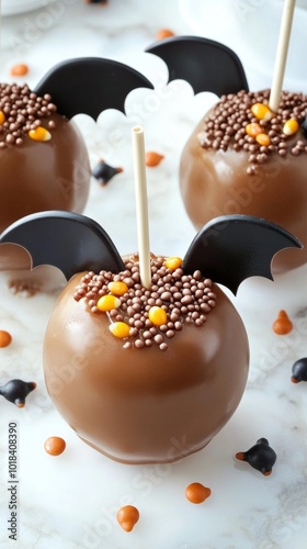 Family making Halloween-themed caramel apples with spooky sprinkles gummy eyeballs photo