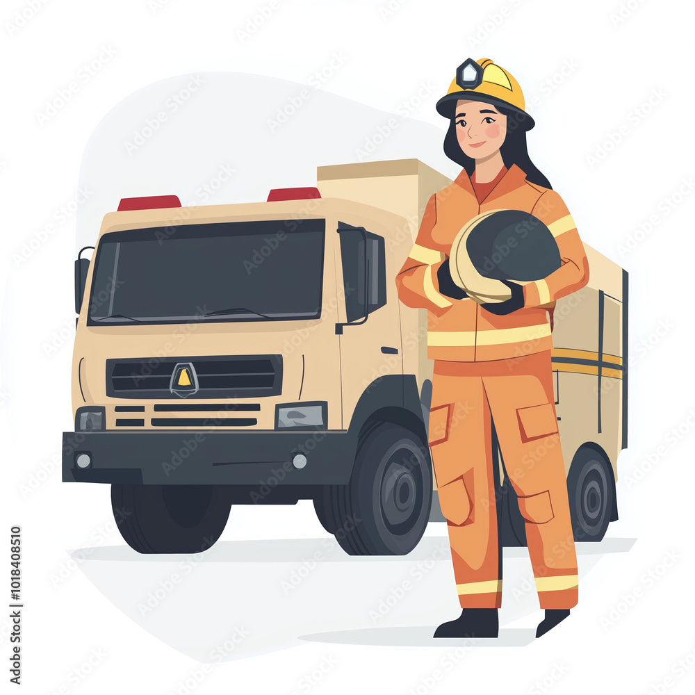 Woman Firefighter In Uniform Works In Department With Heavy Truck Holding Protective Helmet Behind Her Woman Firefighter In Uniform Works In Department With Heavy Truck Holding Protective Helmet Behind Her