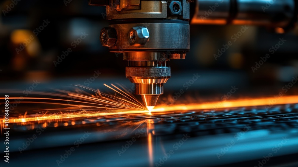 Close-up of a laser cutting machine in operation, creating a bright orange spark as it cuts through a metal sheet. Close-up of a laser cutting machine in operation, creating a bright orange spark as it cuts through a metal sheet.