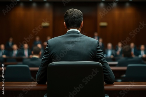 A Man in a Suit Sits in a Chair Facing a Crowd of People