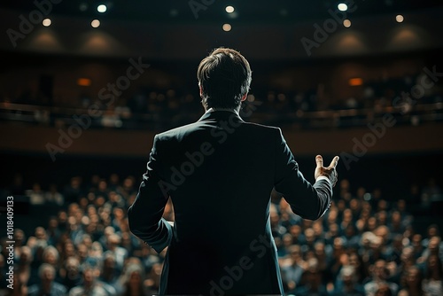 A Speaker Addresses a Large Audience From a Stage photo